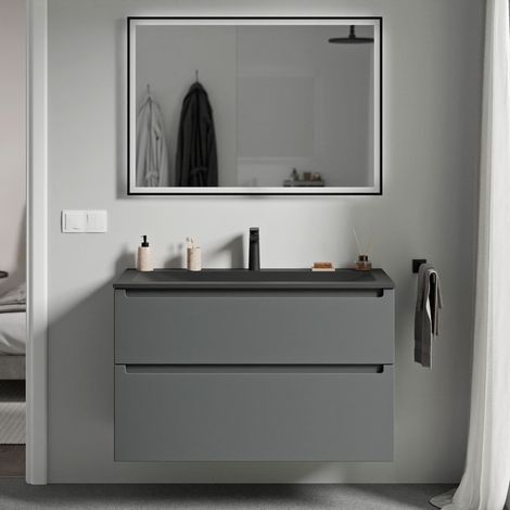 BERNSTEIN - Meuble vasque suspendu salle de bain MDF Anthracite mat, lavabo fonte minérale Noir mat + trou robinet, tiroirs passe-main pivotants - 80x46x62cm - VIREO Anthracite mat, Noir mat avec trou
