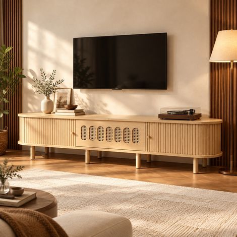 Meuble TV 180 cm en MDF bois clair, pour écran jusqu’à 75 pouces, avec porte rabattable, 2 portes à rideau, 5 compartiments fermés et 8 pieds – rangement salon - CHICFURN (1/5)