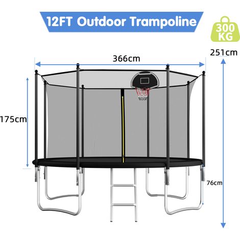 12FT Outdoor Trampoline With Basketball Hoop, Garden Trampoline With Safety Net & Ladder, Available For Toddlers And Adults, Up to 150kg