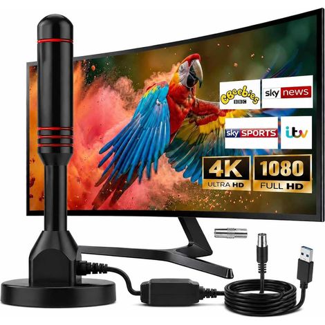 Antenne TV Intérieur Antenne TNT Intérieur avec Amplificateur de Signal Intelligent Réception 360° Chaînes 4K HD Câble Coaxial 5m pour Salon et Camping-Car (1/5)