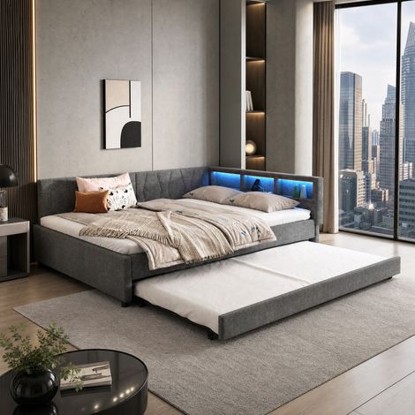 Cama nido (210x145x70.5 cm), multifuncional, con estantes en cabecero, luz LED multicolor y carga USB+Tipo C, lino gris (1/5)