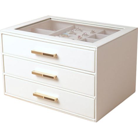 Grande boîte à bijoux à 3 niveaux avec couvercle en verre, 3 tiroirs, pour colliers, boucles d'oreilles, montres, bracelets, rangement de bijoux