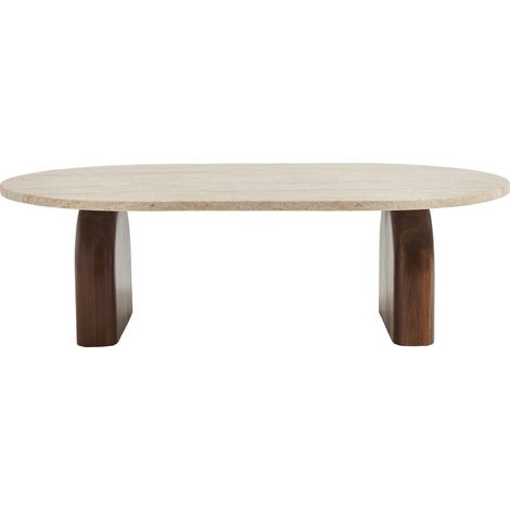 Drawer – Table basse fixe en béton effet travertin et bois d'acacia 100x60cm – Design arrondi pour salon – Élégance bohème chic