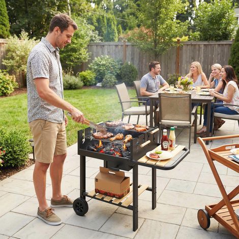 Chariot barbecue bois 2 grilles réglables charbon bois roulettes tablette latérale, noir