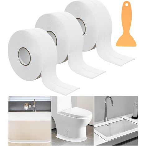 Nastro sigillante bianco, confezione da 3 rotoli, impermeabile, per WC, vasche da bagno, docce, angoli delle pareti e cucine, con strumento di sigillatura incluso. (1/5)