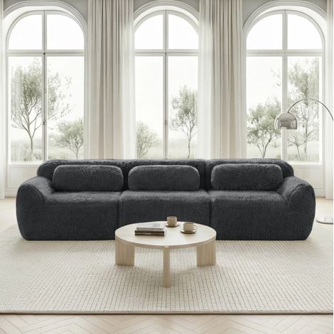 Sofá modular de 3 plazas en tejido peluche gris, sin montaje, base antideslizante (1/5)