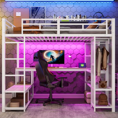 Lit mezzanine métal 140x200cm blanc avec rangement, penderie, port USB, LED