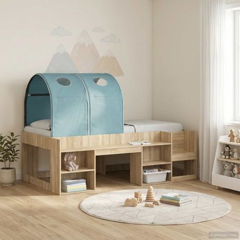 Tunnel de lit pour lit mezzanine enfant, polyester respirant, fenêtre transparente, 2 pièces bleu clair - PANGIVO (1/5)