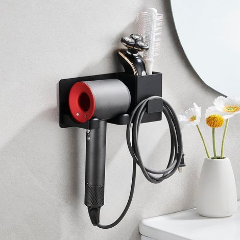 BRAVIX Support de Sèche-Cheveux, Porte Seche Cheveux sans Percage avec Range-Câbles, Support Auto-adhésif en Aluminium pour Ranger Le sèche-Cheveux, Le lisseur, Noir (1/5)