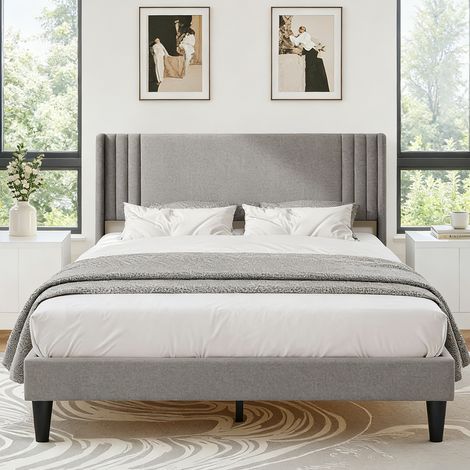 Lit 160x200cm, Tête de Lit en Lin, Lit Double avec Sommier à Lattes, 15cm de Rangement sous Le Lit, Lit Adulte pour 2 Personne, Gris (1/5)