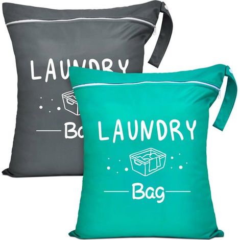 2 grands sacs à linge de voyage – Imperméables, lavables et adaptés aux liquides humides, avec cordon de serrage, verts et gris (1/5)