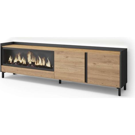 Mueble TV Torrox-01 de 212x61x35 cm con chimenea y luces LED, diseño industrial, color roble y negro (1/4)