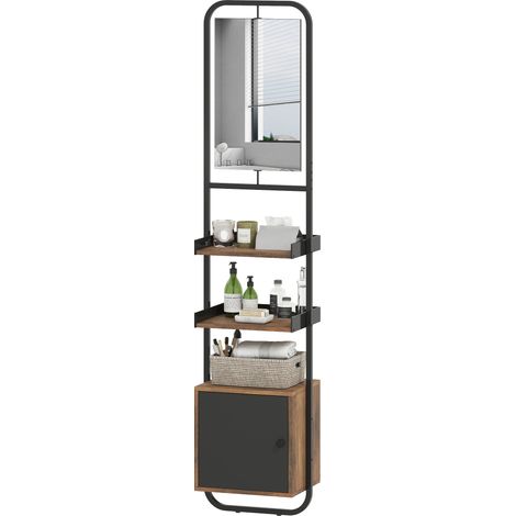 Étagère salle de bain rangement avec miroir, étagère de rangements avec étagères réglables et placard, 40x30x179cm, noir (1/5)