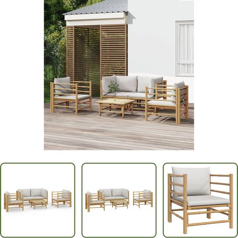 Bambusmöbel -  5-tlg. Garten-Lounge-Set mit Hellgrauen Kissen Bambus (1/5)