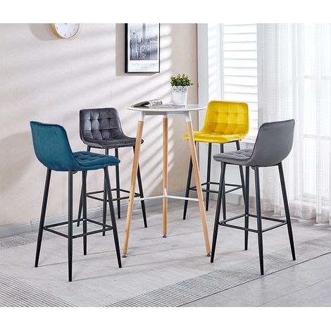 Hobag – Lot de 4 tabourets de bar en velours mix color bleu, gris clair, gris foncé, jaune – Hauteur d'assise 70cm – Pieds en métal – Dimensions 42x70x96cm