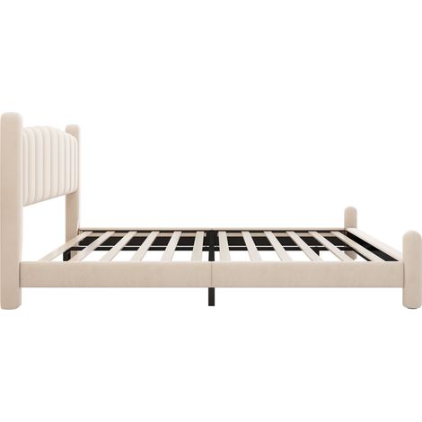 Cama tapizada 180 x 200 cm con somier de láminas y cabecero de terciopelo beige (1/5)