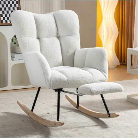 Poltrona a dondolo 80x98x98.5 cm bianca in Lammfell-Optik con poggiapiedi pieghevole (1/5)
