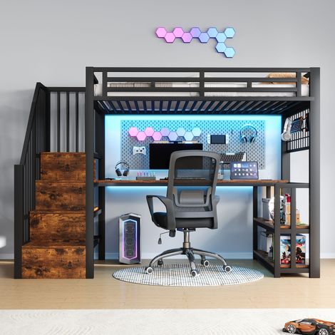 Hochbett 90x200 cm Schwarz - Eisenrahmen, Schreibtisch, Regal, LED-App, 2 USB, Type-C, Stauraumtreppe, ohne Matratze (1/5)
