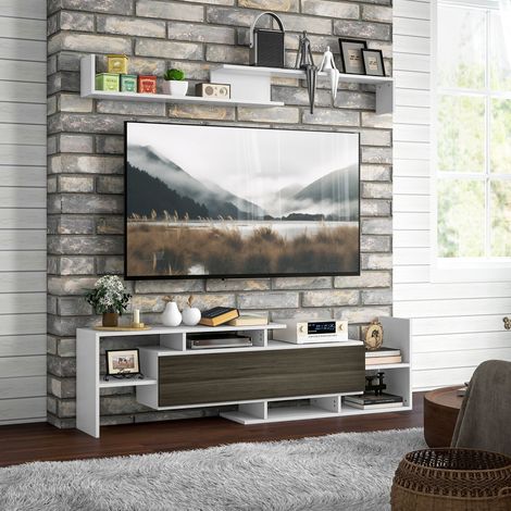 Mueble para TV con estante de pared, estantes abiertos y armario de madera, mueble moderno para TV para salón y dormitorio, blanco y negro.