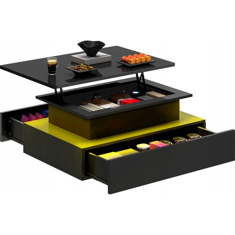 Table basse relevable rectangulaire avec LED – Plateau surélevé, 2 tiroirs de rangement et éclairage à 16 couleurs (1/5)