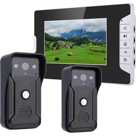 Caméra de sécurité sans fil avec sonnette vidéo 7 pouces couleur moniteur vidéo porte téléphone sonnette interphone Kit 2 caméras 1 moniteur Vision nocturne avec caméra étanche Installation facile (1/5)