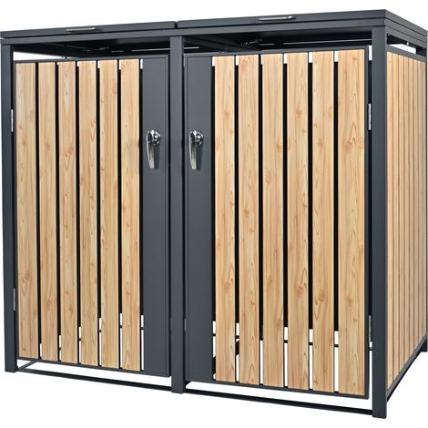 ML-Design Copribidone per 2 Bidoni di Spazzatura Doppio Contenitore Pattumiera Cassonetti Rifiuti 240 L 132 x 80 x 116,3 cm Box in Acciaio Antracite/Effetto Larice Coperchio Ribaltabile 2 Porte (1/5)