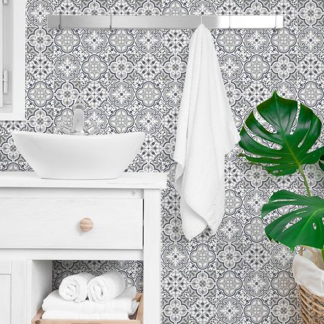 Sticker Mural Carrelage adhésif Cuisine Salle de Bain - 30 STICKERS CARREAUX DE CIMENT AUTHENTIQUES LISANA - 30stickers10x10cm (1/5)