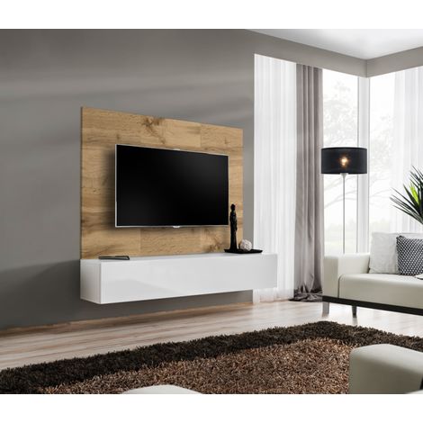 Ensemble meuble TV mural Switch PR1 - Bois MDF blanc et chêne Wotan - 180 x 148 x 40 cm - Livraison gratuite
