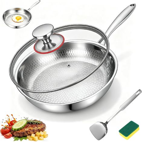 Titan-Bratpfanne, 26 cm, Titan, mit gehämmertem Muster  Unbeschichtete Titan-Bratpfanne mit Scheuerschwamm, Deckel und Pfannenwender zum Anbraten, für Steaks und Gebäck (1/5)