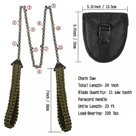 Tronçonneuse portative avec poignée en corde, parachute, kit multifonction en nylon et scie à câble idéale pour la survie, le camping et la chasse. (91 cm - 11 dents) (1/3)