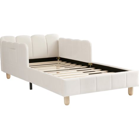 Cama infantil 90 x 200 cm de terciopelo beige con cabecero capitoné y barrera HOMVRA (1/5)