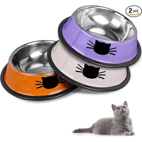 Cat Bowl Stainless Steel Bowls for Cats and Water Bowls Bowls for Cats and Pets Grey Orange Purple (1/5)