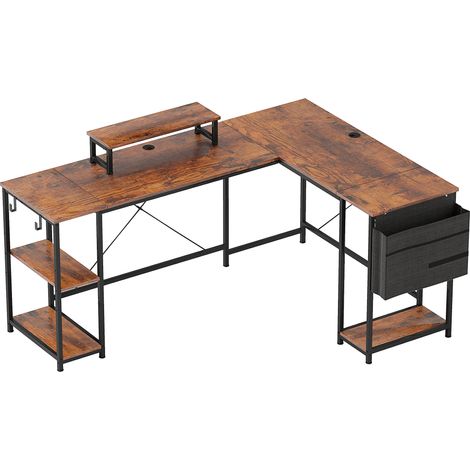 Bureau d'angle en L modulable avec rangements, métal et bois, 168 x 120 cm, couleur brun rustique (1/5)