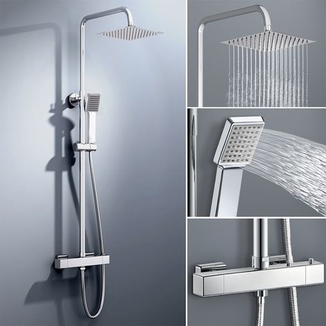 colonna doccia rotonda completo di miscelatore termostatico rettangolo, soffione quadrato 20x20cm, cromo
