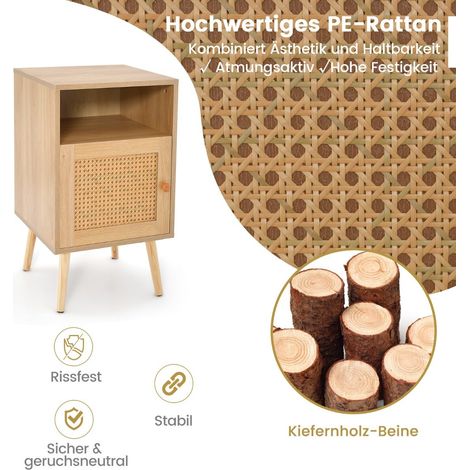 Table de chevet en rotin avec rangement et porte décorée en rotin PE - naturel - lot de 2 (1/5)