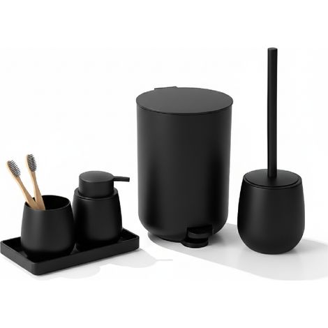 Set Accessori Bagno 6 Pezzi in ABS Completo Pattumiera con Pedale, Scopino WC, Dispenser Sapone, Porta Spazzolini, Bicchiere e Vassoio Antiscivolo Design Moderno e Resistente Nero