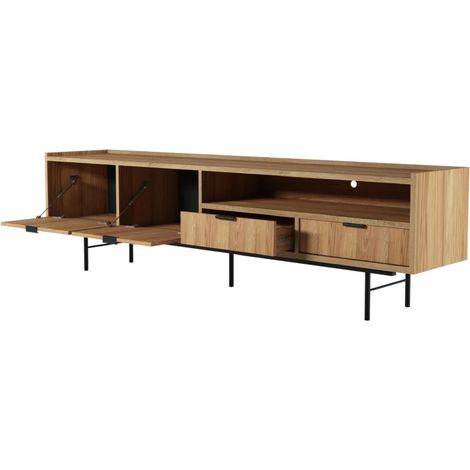 Mobile TV Contemporaneo Con 2 Ante A Ribalta 2 Cassetti E Vano A Giorno Per Salotto Zona Living Con Passacavo 200 X 40 X 55 Cm Rovere (1/5)