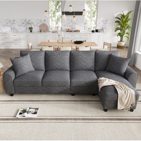 Canapé d'angle L en chenille gris 280×136×82 cm avec méridienne et coffre, REDOM (1/5)