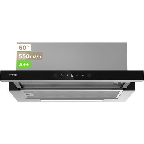 Campana Extractora Telescópica EVVO CE12 Black, 60 cm, 550 m³/h, 3 Velocidades, Energía A++