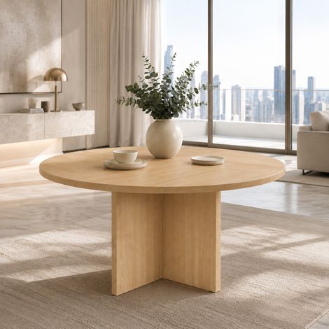 Mesa de comedor redonda 120 cm MDF color roble para 4-6 personas (1/5)