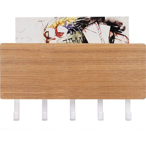 Wooden wall-mounted key rack with shelf - 5 hooks for keys, key holder, vintage keyboard, key organizer, letter holder, key storage