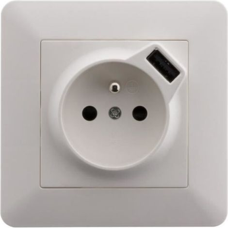 Prise Encastrable 2P+T 16 A - Prise USB 5 V 2,4 A - Pour Boîte Encastrement Standard - Plaque 86x86 mm - Blanc - Unité (1/4)