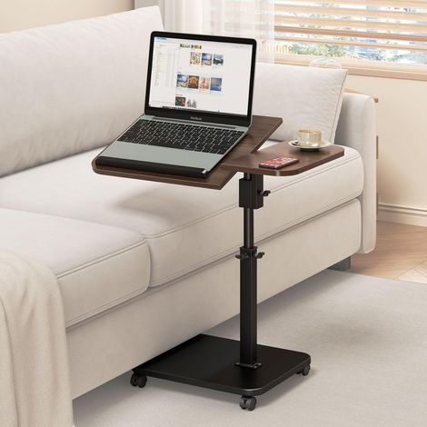 Table d'appoint avec roulettes réglable en hauteur - En bois - Forme C - Rotation à 360 ° - Support pour ordinateur portable - Table TV pour canapé et lit - Petite table basse pour salon (1/5)