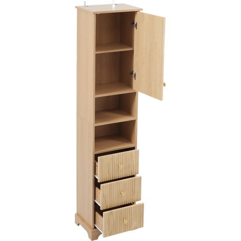 Armoire de salle de bain en MDF 40x30x172 cm avec tiroirs et étagères réglables couleur bois naturel (1/5)