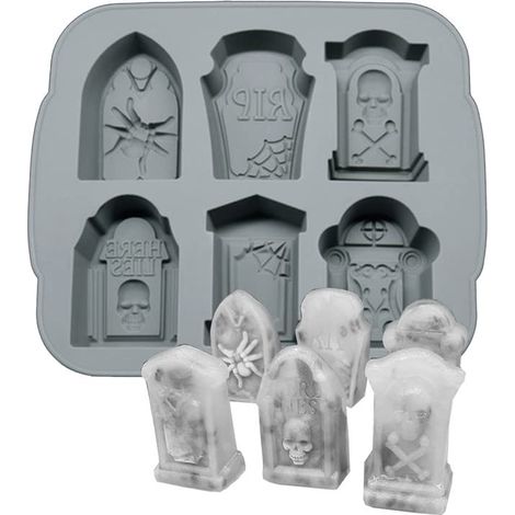 Plateau à glaçons silicone Halloween pierre tombale RIP avec 6 formes de tombes exclusives, moule flexible pour glaçons, bonbons, pâtisserie, décoration de gâteaux et savon artisanal DIY (1/5)