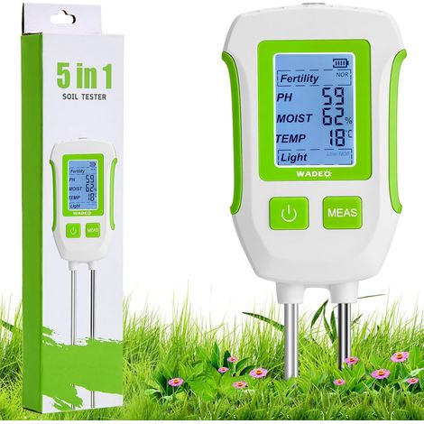 5-in-1 Digitaler Bodentester mit hintergrundbeleuchtetem LCD-Bildschirm, präzise Messung von pH-Wert, Fruchtbarkeit, Feuchtigkeit, Temperatur und Licht, für Gartenbau und Landwirtschaft (1/5)