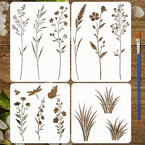 4 Pcs Pochoirs Fleurs Sauvages avec Pinceau 2 Tailles Herbe Sauvage Papillons Libellule Pochoir Peinture Réutilisable Pochoirs Motif Floral pour Bois Mur Tissus Meuble Carte Toile (1/5)