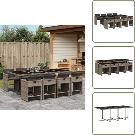 9-tlg. Garten-Essgruppe mit Kissen Grau Poly Rattan - Gartengestell - Gartenmöbel Set - Outdoor Möbel - Terrassenmöbel - Esstisch (1/5)