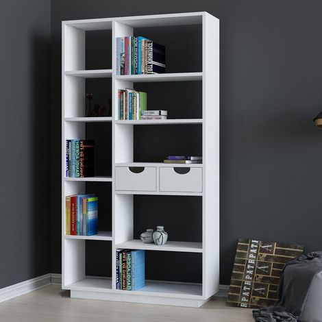 Libreria Imer, Biblioteca 8 Ripiani, 2 Cassetti, Installazione Libera, 80x25x189h cm Bianco (1/5)