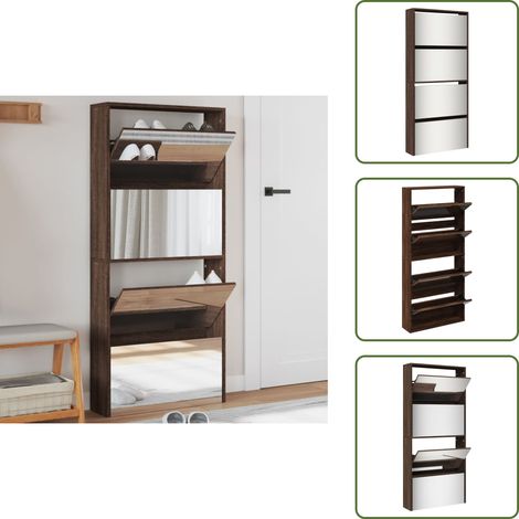 The Living Store Armoire à chaussures miroir 4 niveaux chêne marron 63x17x134 cm - Meuble Chaussure - Armoire Chaussure - Range Chaussures - Étagère Chaussure - Rangement Intérieur